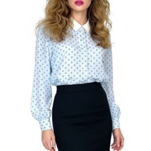 Vintage 80s Chaus Light Blue Paisley Print Blouson Style Collared Blouse Size 16